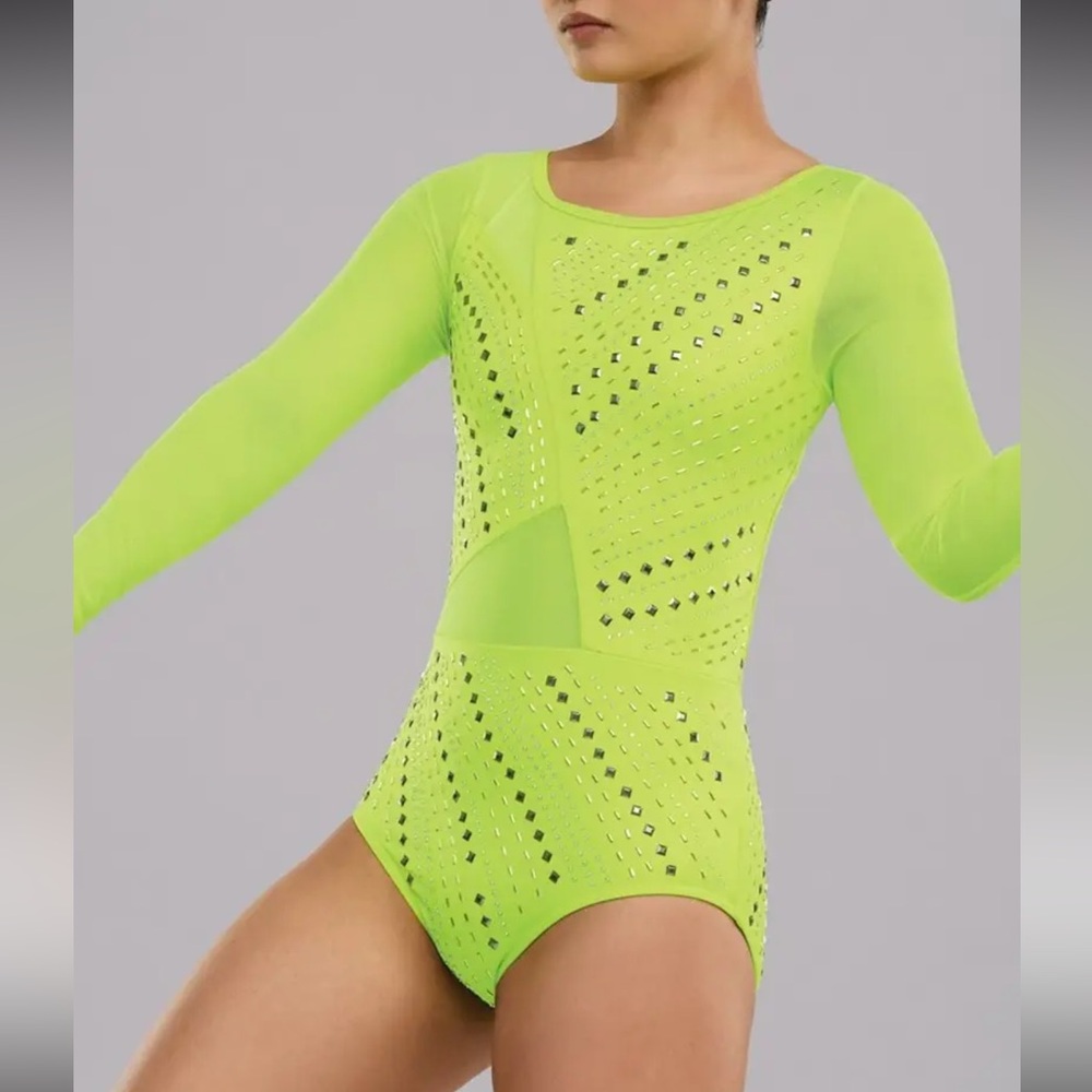 Weissman Elite 360 Neon Yellow Long Sleeve Dance Costume Rhinestone Embellished